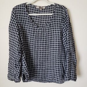 Flax Small Windowpane Top Roll Tab Sleeves V Neck Black White